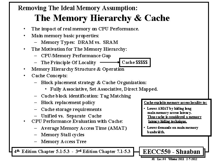 Removing The Ideal Memory Assumption: The Memory Hierarchy & Cache • • • The Removing The Ideal Memory Assumption: The Memory Hierarchy & Cache • • • The