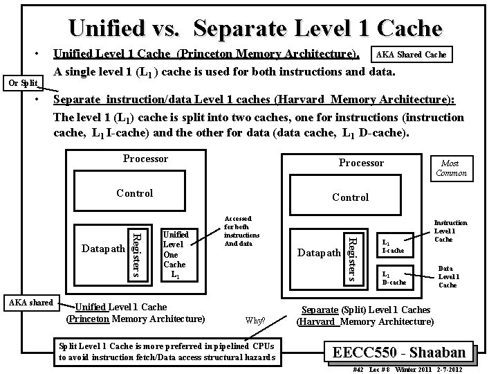 Unified vs. Separate Level 1 Cache • Or Split • Unified Level 1 Cache Unified vs. Separate Level 1 Cache • Or Split • Unified Level 1 Cache