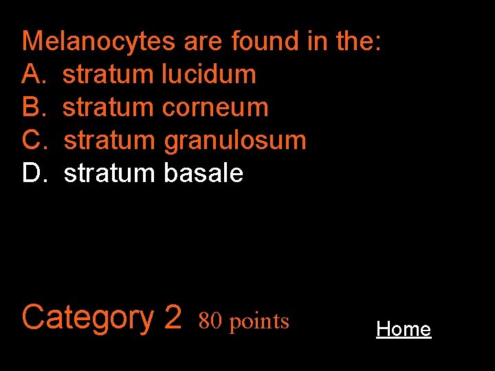 Melanocytes are found in the: A. stratum lucidum B. stratum corneum C. stratum granulosum