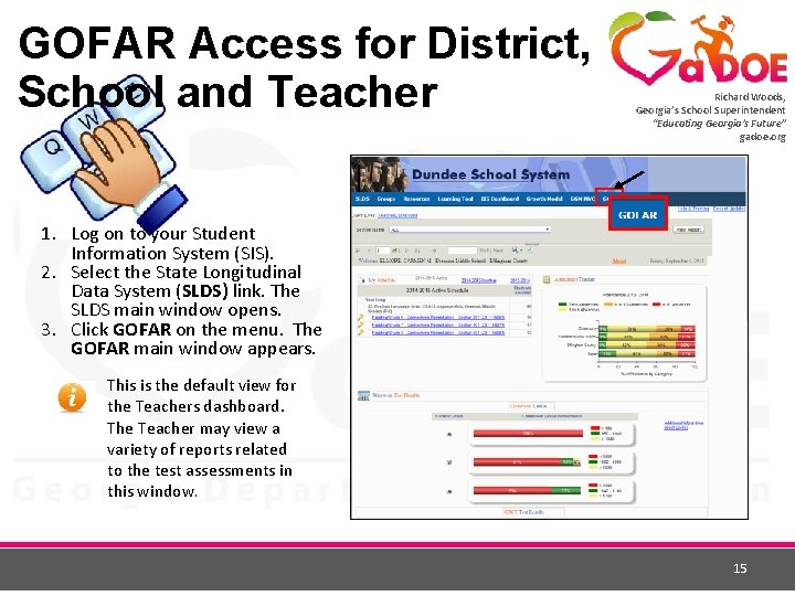 GOFAR Access for District, School and Teacher Richard Woods, Georgia’s School Superintendent “Educating Georgia’s