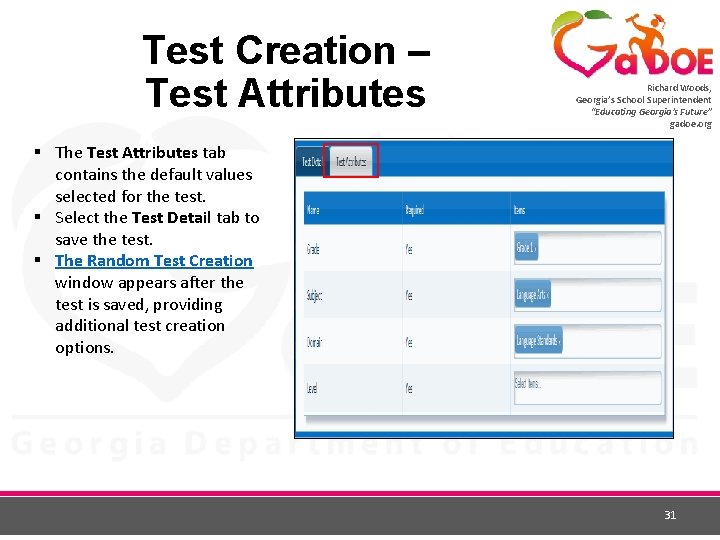 Test Creation – Test Attributes Richard Woods, Georgia’s School Superintendent “Educating Georgia’s Future” gadoe.