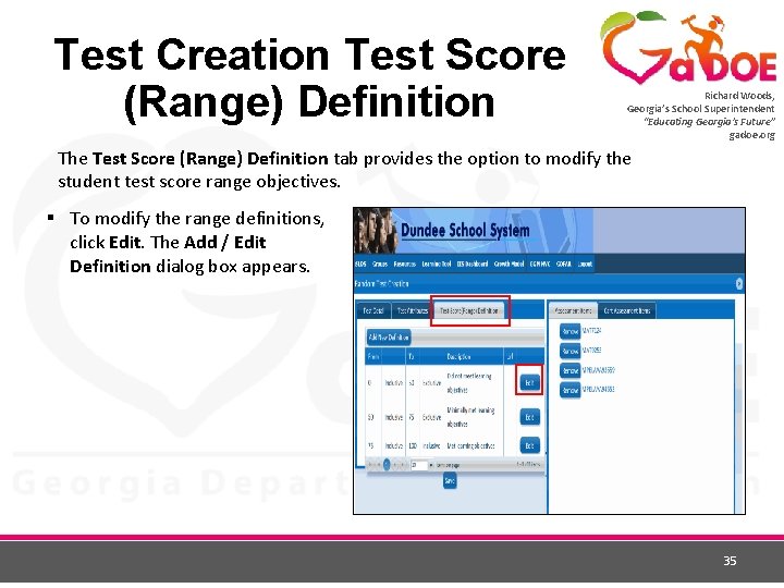 Test Creation Test Score (Range) Definition Richard Woods, Georgia’s School Superintendent “Educating Georgia’s Future”
