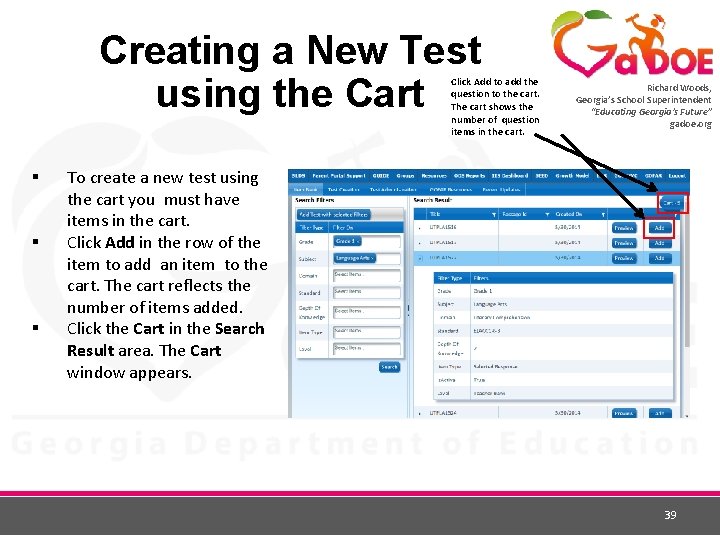 Creating a New Test using the Cart Click Add to add the question to