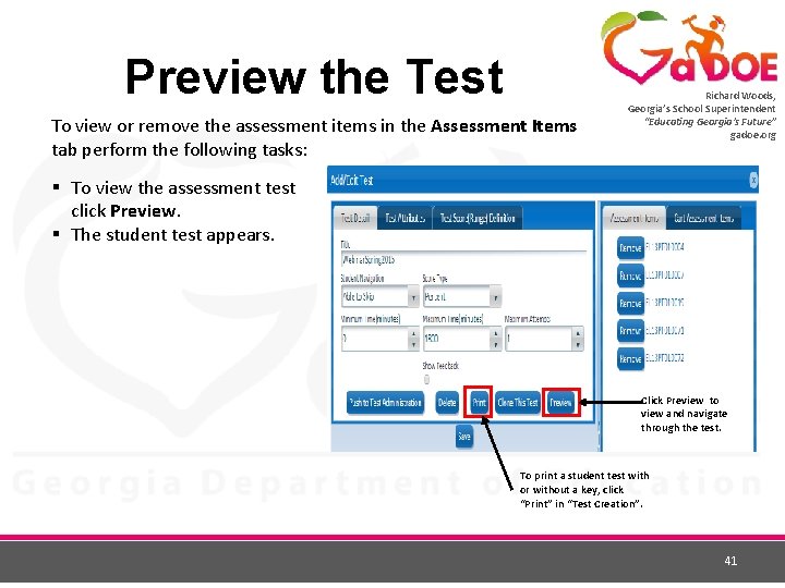 Preview the Test To view or remove the assessment items in the Assessment Items