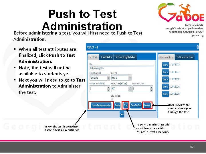 Push to Test Administration Before administering a test, you will first need to Push