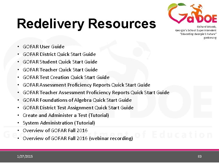 Redelivery Resources • • • • Richard Woods, Georgia’s School Superintendent “Educating Georgia’s Future”