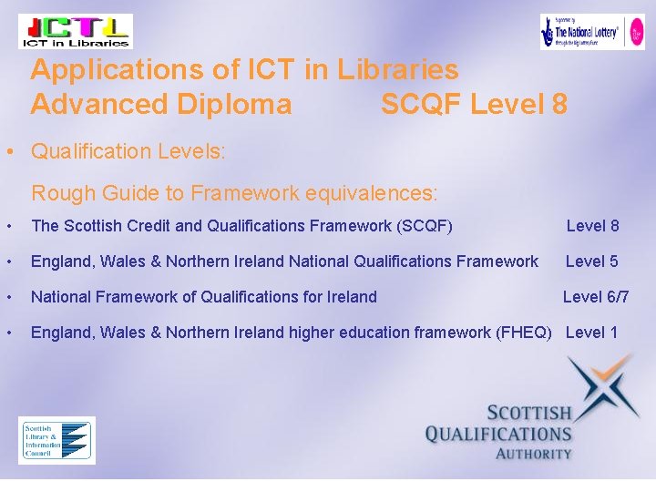 Applications of ICT in Libraries Advanced Diploma SCQF Level 8 • Qualification Levels: Rough