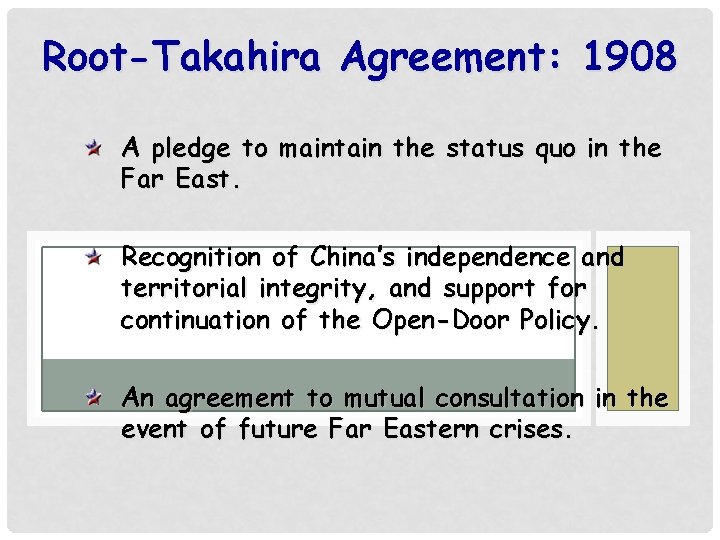 Root-Takahira Agreement: 1908 A pledge to maintain the status quo in the Far East.