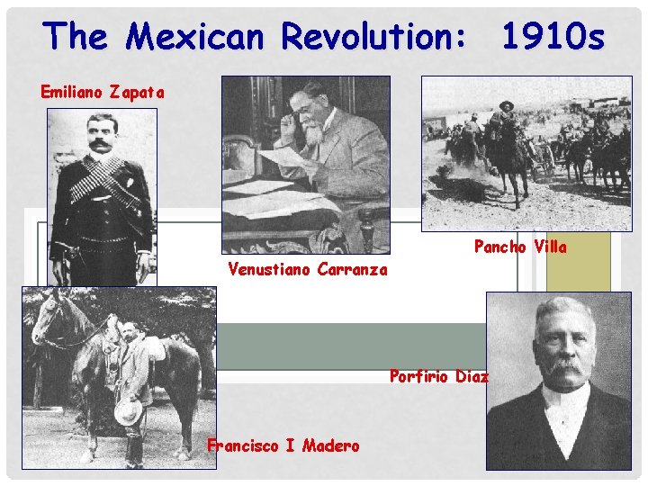 The Mexican Revolution: 1910 s Emiliano Zapata Pancho Villa Venustiano Carranza Porfirio Diaz Francisco