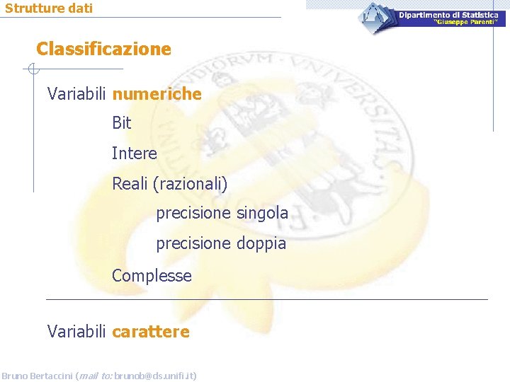 Strutture dati Classificazione Variabili numeriche Bit Intere Reali (razionali) precisione singola precisione doppia Complesse