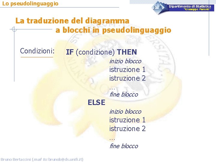 Lo pseudolinguaggio La traduzione del diagramma a blocchi in pseudolinguaggio Condizioni: IF (condizione) THEN