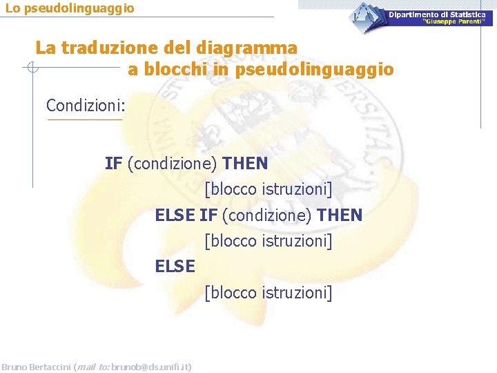 Lo pseudolinguaggio La traduzione del diagramma a blocchi in pseudolinguaggio Condizioni: IF (condizione) THEN