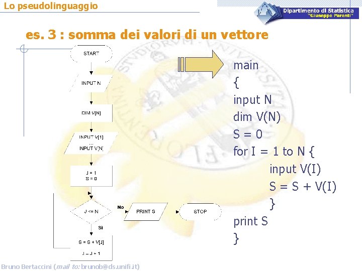 Lo pseudolinguaggio es. 3 : somma dei valori di un vettore main { input
