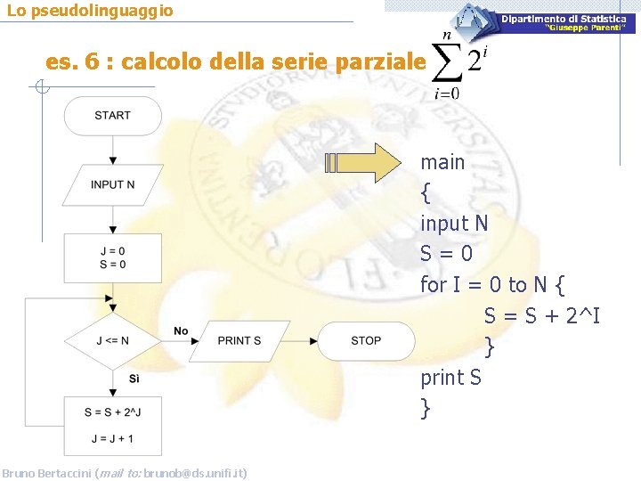 Lo pseudolinguaggio es. 6 : calcolo della serie parziale main { input N S=0