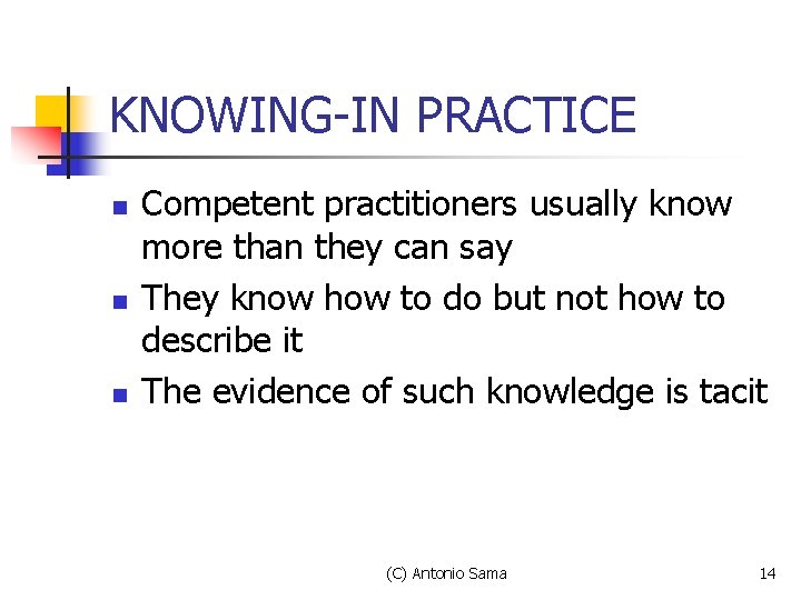 KNOWING-IN PRACTICE n n n Competent practitioners usually know more than they can say KNOWING-IN PRACTICE n n n Competent practitioners usually know more than they can say