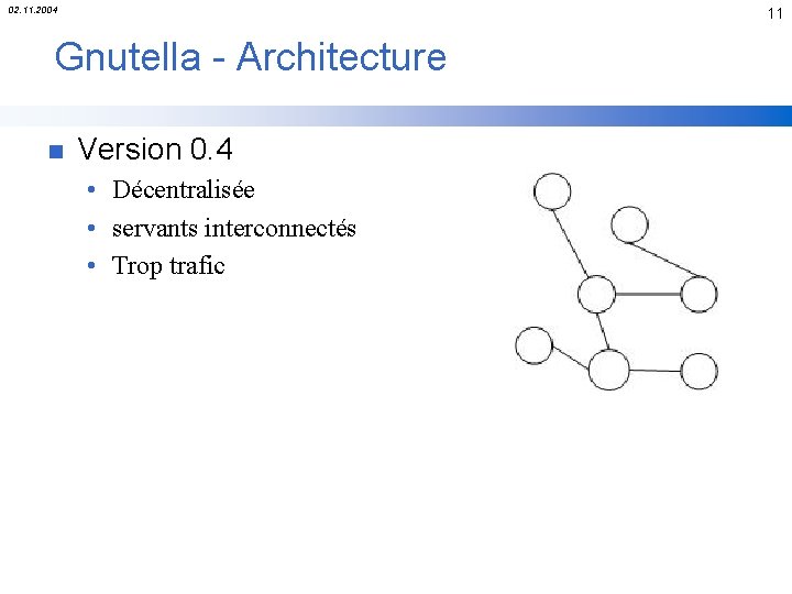 02. 11. 2004 11 Gnutella - Architecture n Version 0. 4 • Décentralisée •