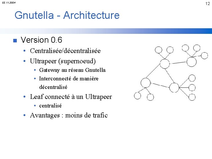 02. 11. 2004 12 Gnutella - Architecture n Version 0. 6 • Centralisée/décentralisée •