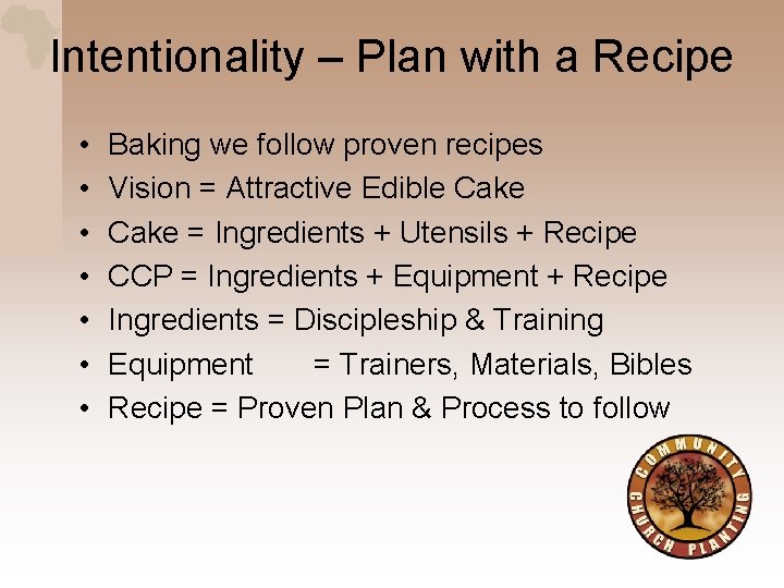 Intentionality – Plan with a Recipe • • Baking we follow proven recipes Vision