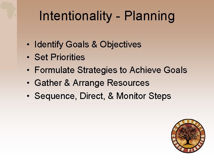 Intentionality - Planning • • • Identify Goals & Objectives Set Priorities Formulate Strategies