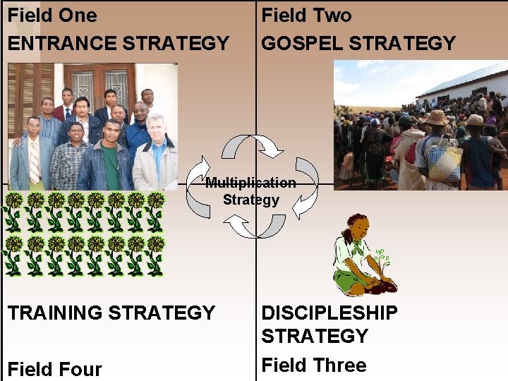 Field One ENTRANCE STRATEGY Field Two GOSPEL STRATEGY Multiplication Strategy TRAINING STRATEGY Field Four