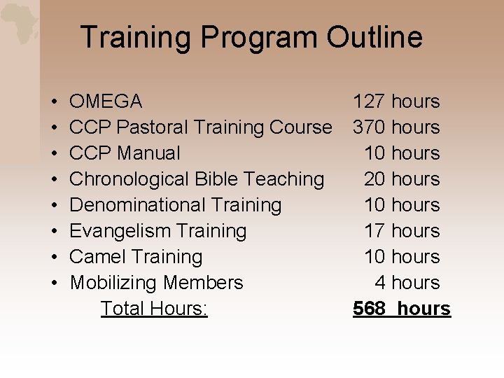 Training Program Outline • • OMEGA CCP Pastoral Training Course CCP Manual Chronological Bible