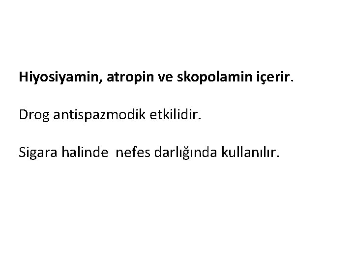 Hiyosiyamin, atropin ve skopolamin içerir. Drog antispazmodik etkilidir. Sigara halinde nefes darlığında kullanılır. 