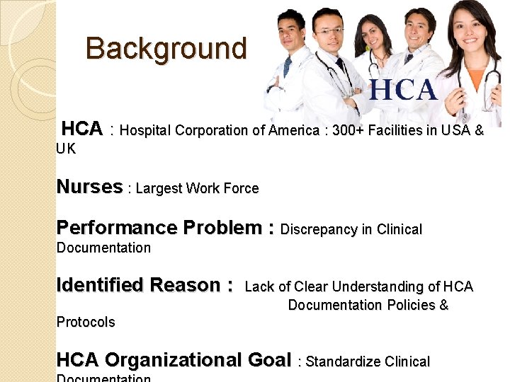 Background HCA : Hospital Corporation of America : 300+ Facilities in USA & UK