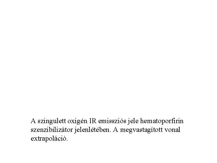 A szingulett oxigén IR emissziós jele hematoporfirin szenzibilizátor jelenlétében. A megvastagított vonal extrapoláció. 