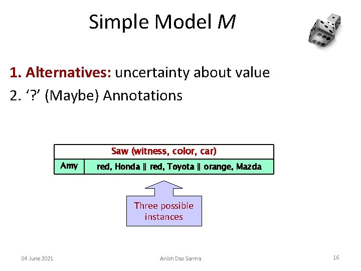 Simple Model M 1. Alternatives: uncertainty about value 2. ‘? ’ (Maybe) Annotations Saw