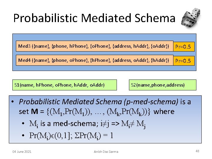 Probabilistic Mediated Schema Med 3 ({name}, {phone, h. Phone}, {o. Phone}, {address, h. Addr},