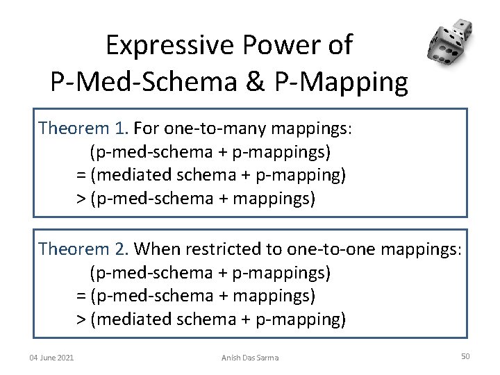 Expressive Power of P-Med-Schema & P-Mapping Theorem 1. For one-to-many mappings: (p-med-schema + p-mappings)