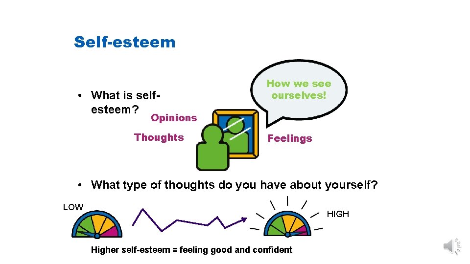 Self-esteem • What is selfesteem? How we see ourselves! Opinions Thoughts Feelings • What