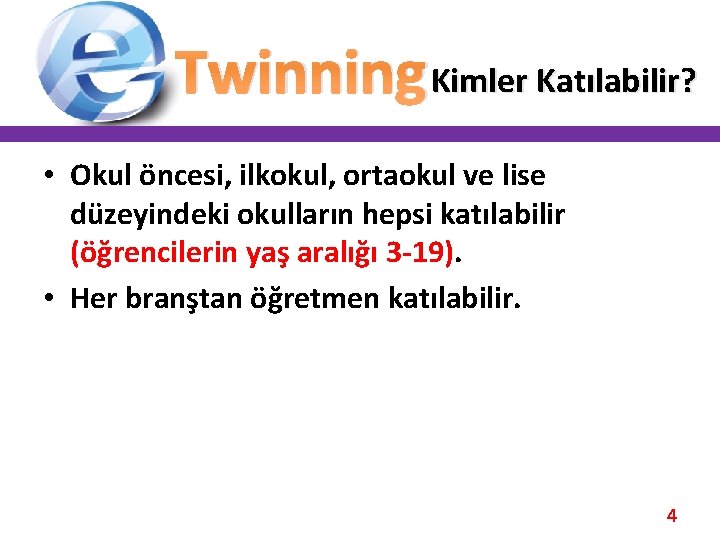 Twinning. Kimler Katılabilir? • Okul öncesi, ilkokul, ortaokul ve lise düzeyindeki okulların hepsi katılabilir Twinning. Kimler Katılabilir? • Okul öncesi, ilkokul, ortaokul ve lise düzeyindeki okulların hepsi katılabilir