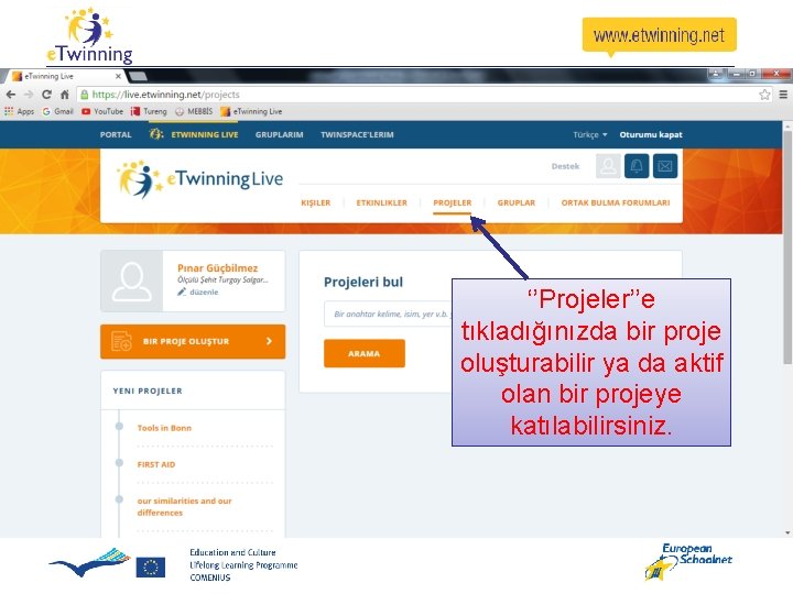 ‘’Projeler’’e tıkladığınızda bir proje oluşturabilir ya da aktif olan bir projeye katılabilirsiniz. ‘’Projeler’’e tıkladığınızda bir proje oluşturabilir ya da aktif olan bir projeye katılabilirsiniz.