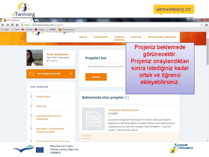 Projeniz beklemede görünecektir. Projeniz onaylandıktan sonra istediğiniz kadar ortak ve öğrenci ekleyebilirsiniz. Projeniz beklemede görünecektir. Projeniz onaylandıktan sonra istediğiniz kadar ortak ve öğrenci ekleyebilirsiniz.