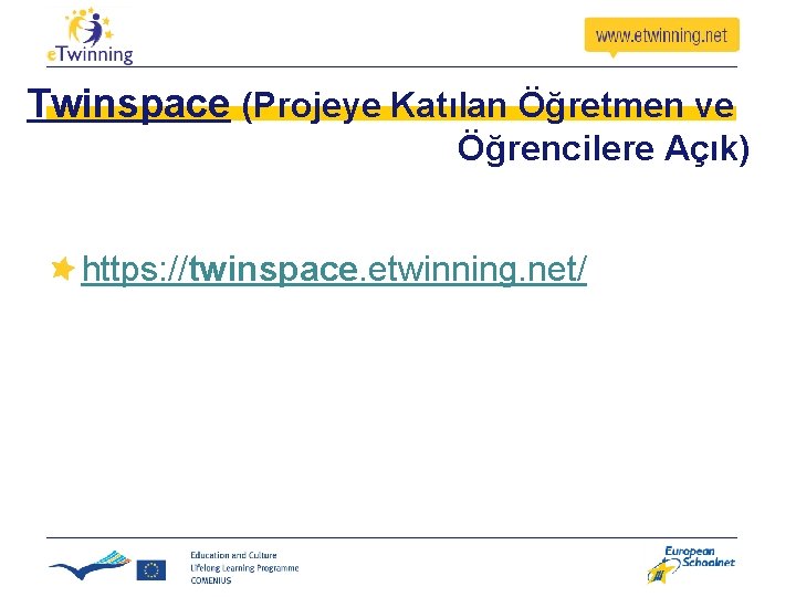 Twinspace (Projeye Katılan Öğretmen ve Öğrencilere Açık) https: //twinspace. etwinning. net/ Twinspace (Projeye Katılan Öğretmen ve Öğrencilere Açık) https: //twinspace. etwinning. net/