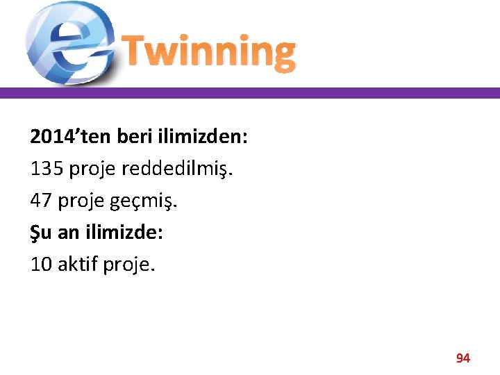 Twinning 2014’ten beri ilimizden: 135 proje reddedilmiş. 47 proje geçmiş. Şu an ilimizde: 10 Twinning 2014’ten beri ilimizden: 135 proje reddedilmiş. 47 proje geçmiş. Şu an ilimizde: 10