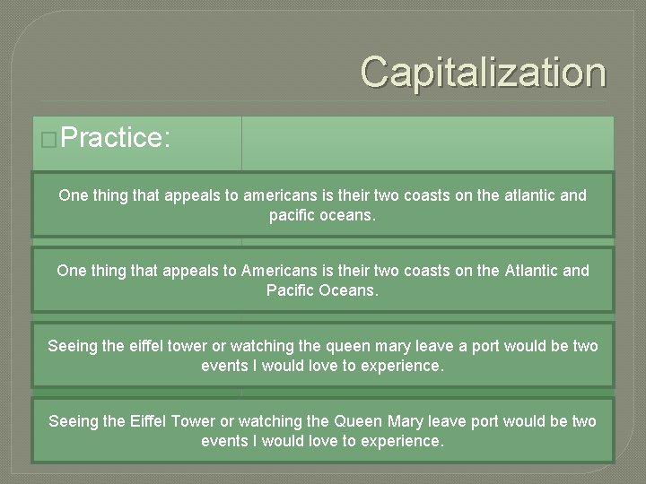 Capitalization �Practice: One thing that appeals to americans is their two coasts on the