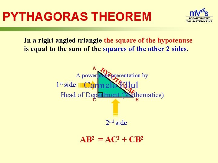 PYTHAGORAS THEOREM In a right angled triangle the square of the hypotenuse is equal