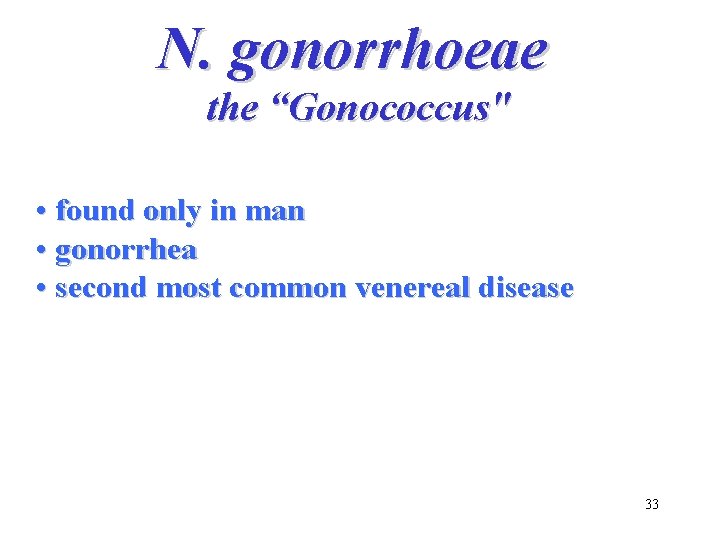 N. gonorrhoeae the “Gonococcus" • found only in man • gonorrhea • second most