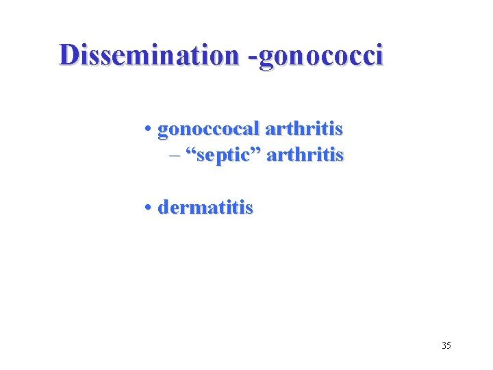 Dissemination -gonococci • gonoccocal arthritis – “septic” arthritis • dermatitis 35 