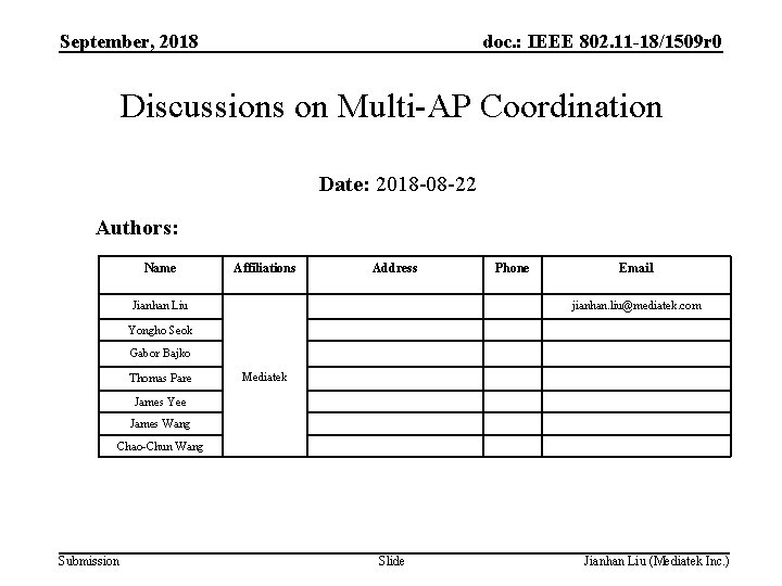 September, 2018 doc. : IEEE 802. 11 -18/1509 r 0 Discussions on Multi-AP Coordination