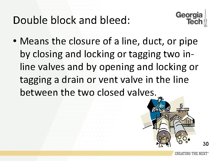 Double block and bleed: • Means the closure of a line, duct, or pipe