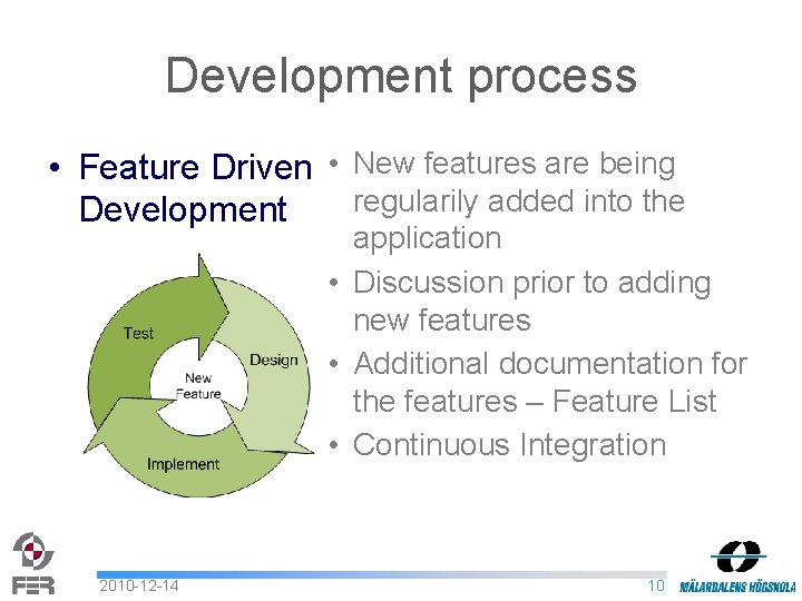 Development process • Feature Driven • New features are being regularily added into the