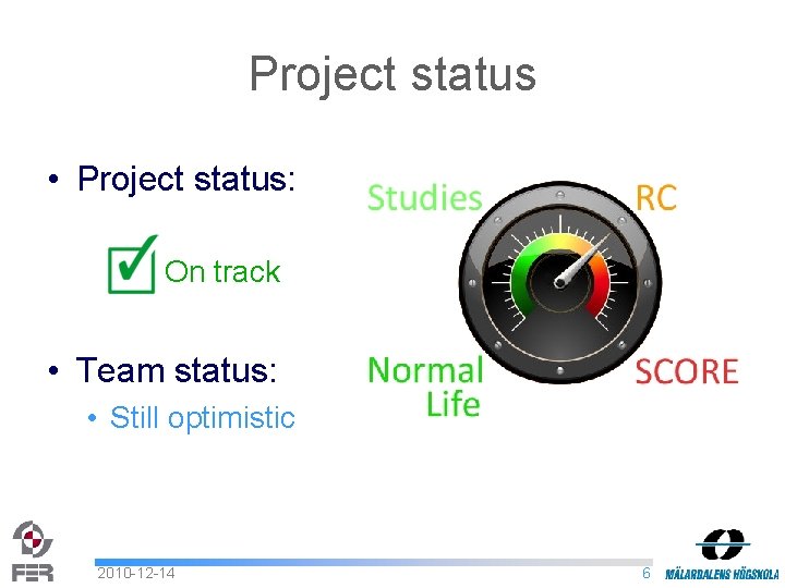 Project status • Project status: On track • Team status: • Still optimistic 2010