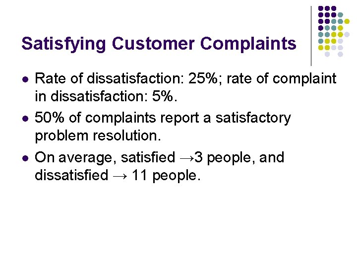 Satisfying Customer Complaints l l l Rate of dissatisfaction: 25%; rate of complaint in