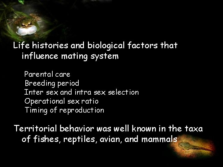 Life histories and biological factors that influence mating system Parental care Breeding period Inter