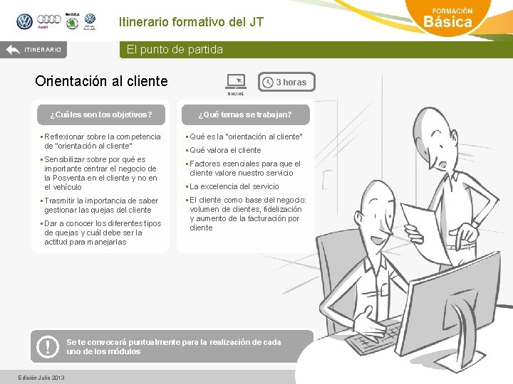 Itinerario formativo del JT ITINERARIO El punto de partida Orientación al cliente 3 horas