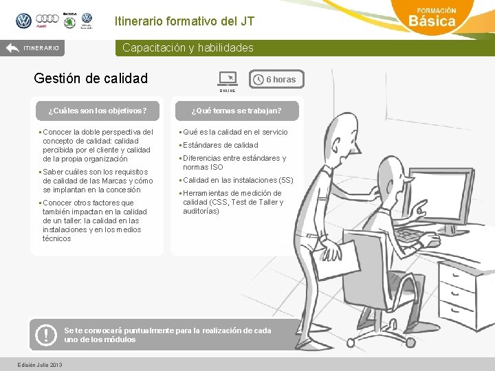 Itinerario formativo del JT ITINERARIO Capacitación y habilidades Gestión de calidad 6 horas ONLINE