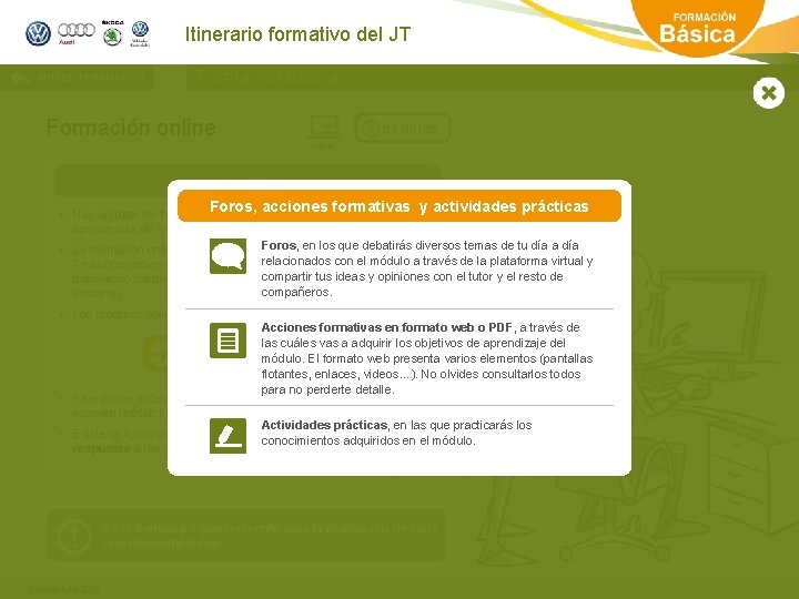 Itinerario formativo del JT MODELO FORMATIVO Formación básica Formación online 54 horas ONLINE Proceso